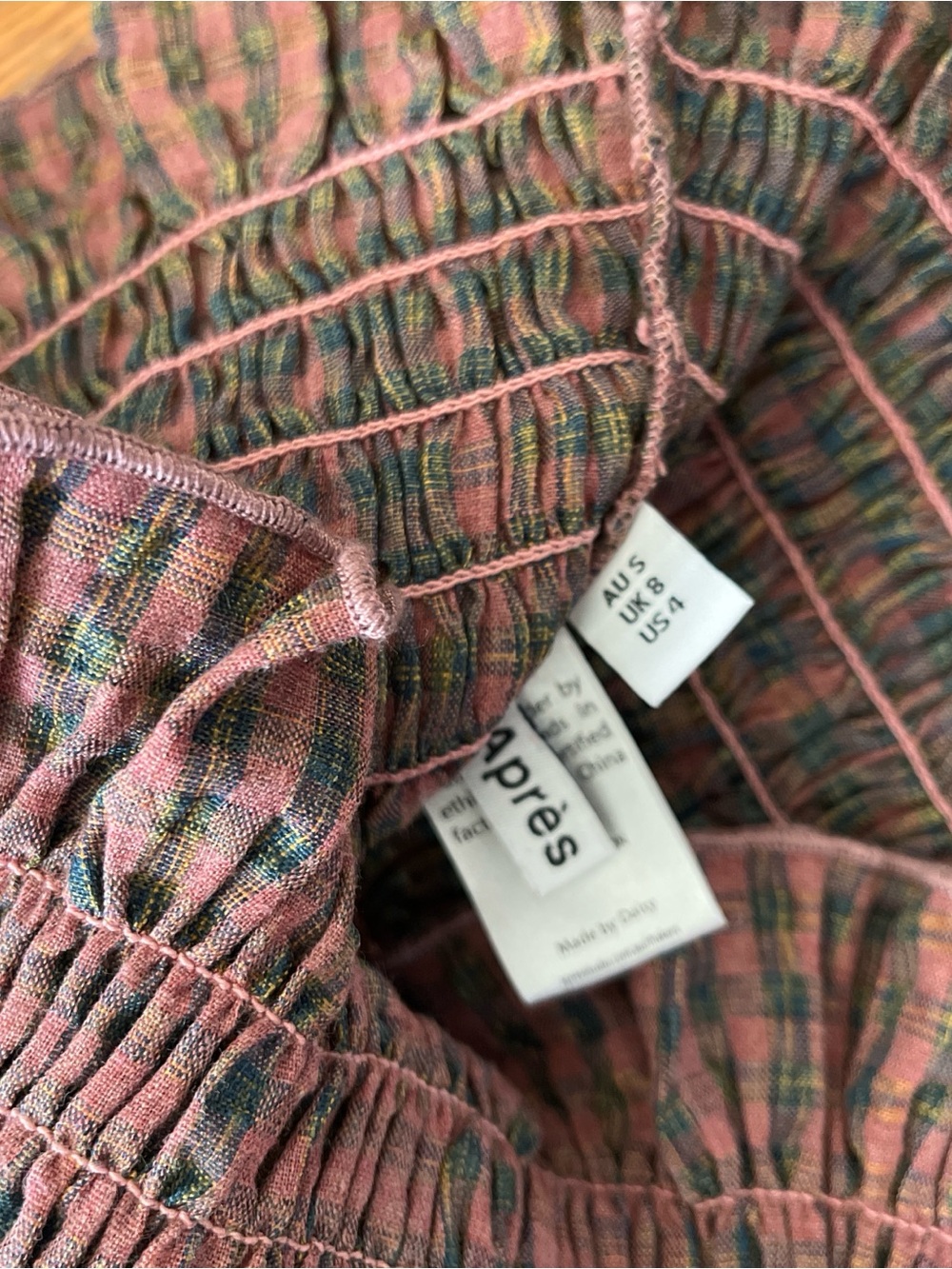 Après Studio Blossom Gingham Long Sleeve Top Smocked Plaid Neutral Multicolor - Picture 12 of 13